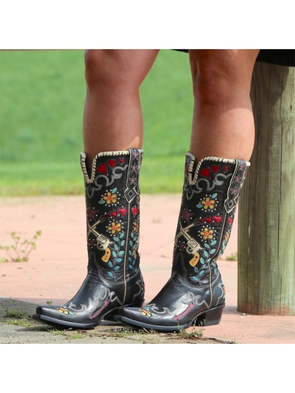 Women's Black Swallow Chunky Low Heels Western Cowboy Knee High Boots - Picture 5 of 6